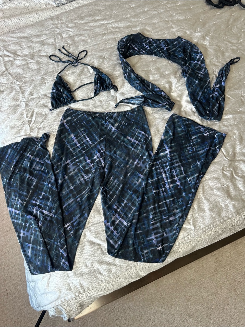 Printed Black & Blue Tie-Back Bikini Top with Matching Pants and Long Sleeve